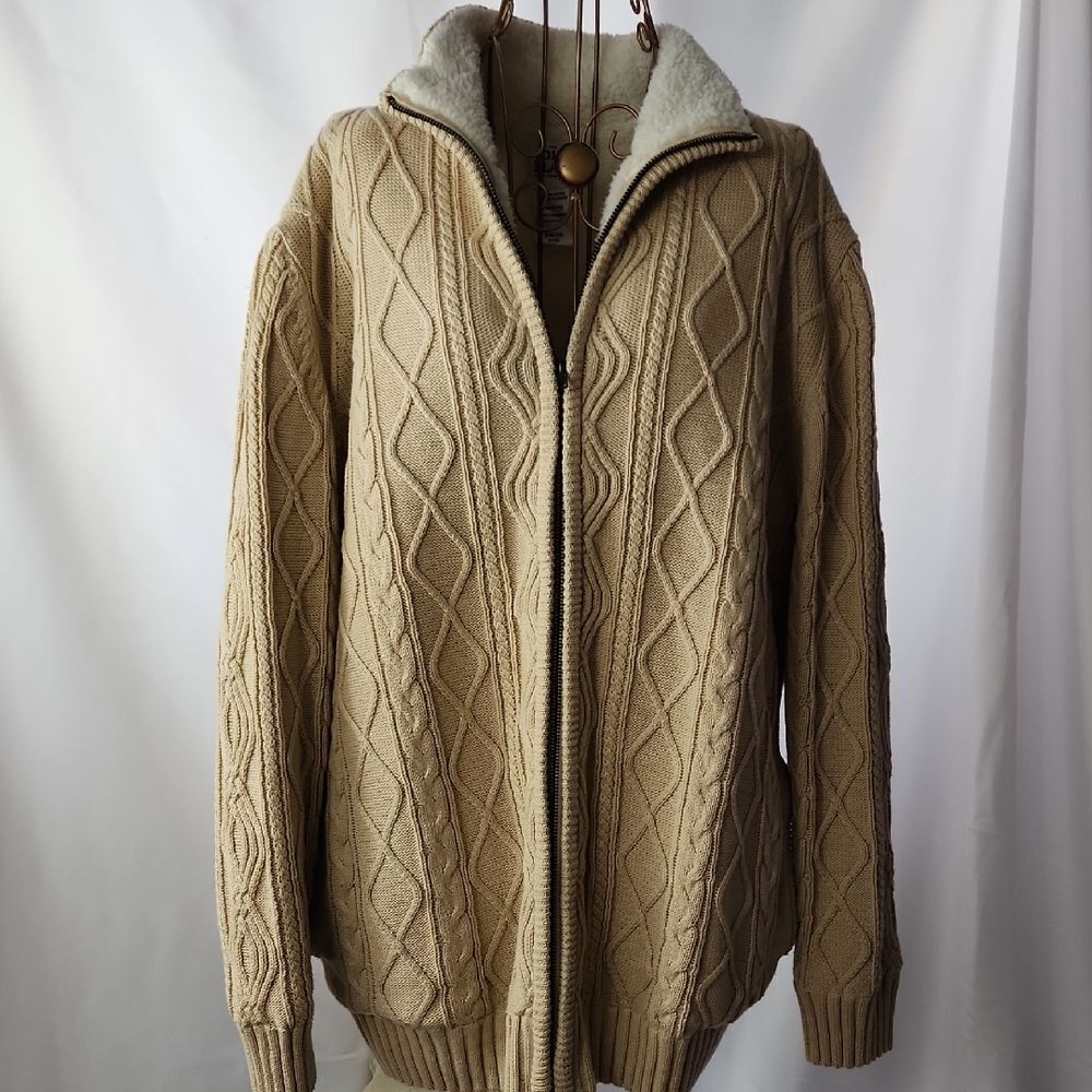 Cozy Neutral Color Fleece Lined Cable Knit Zip Up Sweater Jkt Eclectic Grandpa